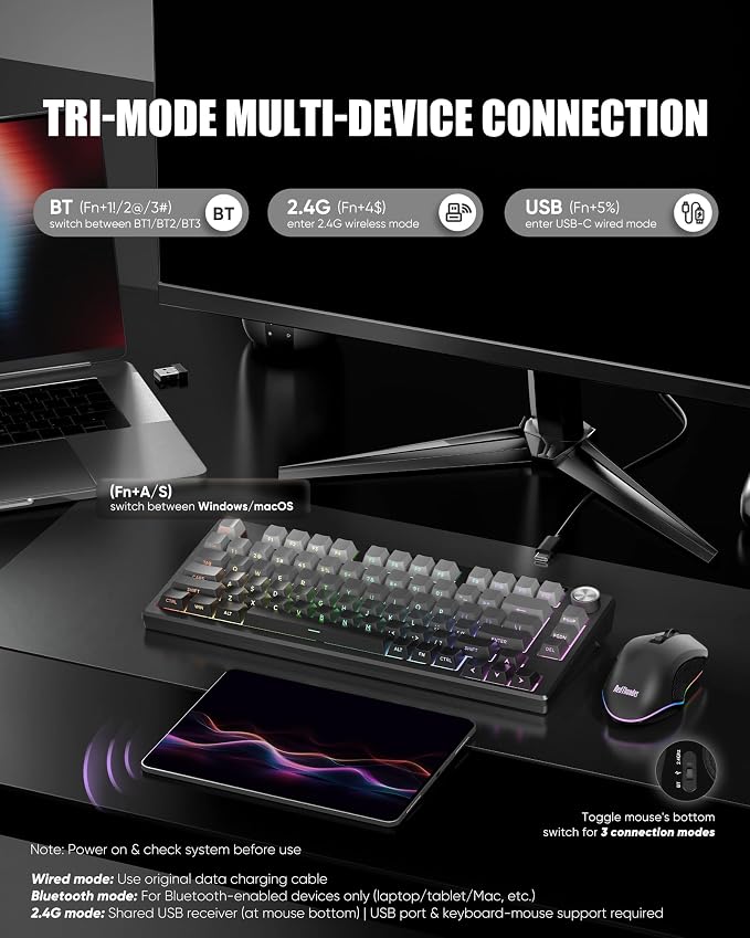 RedThunder K75 Wireless Membrane Keyboard & Mouse Combo,75% Side-Engraved Keycaps,Optical Gaming Mouse with 4800DPI,3 Modes(BT/2.4G/Wired),Dual System,RGB Backlit,Rechargeable Battery,Gradient Gray