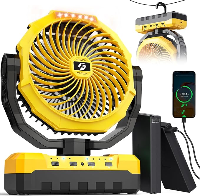 Rechargeable Fan with Detachable Battery - 48000mAh(127H Working) Camping Fan Portable, Battery Powered Fans with Hook, Timers, Ventilador Recargable for Tent, Travel, Gifts for Men Dad, Yellow