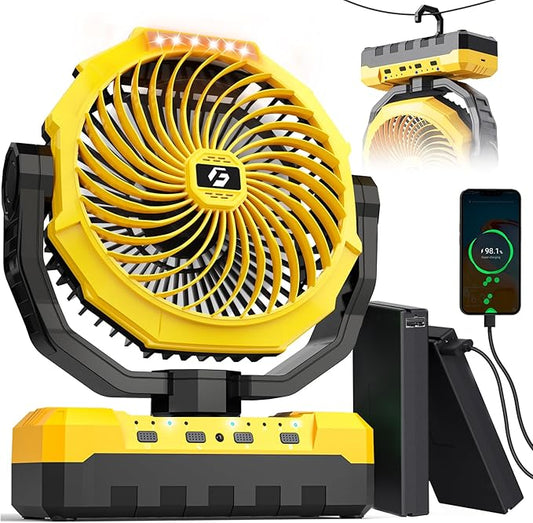 Rechargeable Fan with Detachable Battery - 48000mAh(127H Working) Camping Fan Portable, Battery Powered Fans with Hook, Timers, Ventilador Recargable for Tent, Travel, Gifts for Men Dad, Yellow