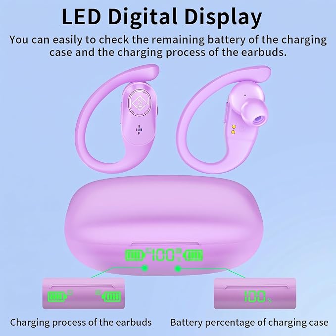 Wireless Earbuds Bluetooth Headphones 96H Playtime LED Display Waterproof Built in Mic Deep Bass Sound Secure Over Ear buds Earhooks for iPhone Android Samsung Cell Phones Sport Workout Gaming Running