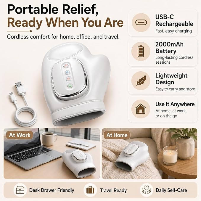 Hand Massager with Heat and Compression, Cordless Electric Hand Massager for Arthritis & Carpal Tunnel Relief, 3 Massage Modes 5 Intensity Levels, Portable Finger Palm Wrist Therapy Glove,Gift