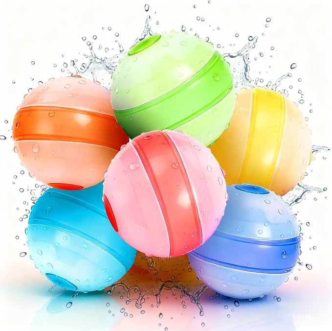Reusable Water Balloons – 6 Pack Self-Sealing Refillable Water Balloon Quick Fill, No Magnets Self-Filling Water Balls, Eco-Friendly Outdoor Summer Pool Toys for Backyard Beach Splash Wars