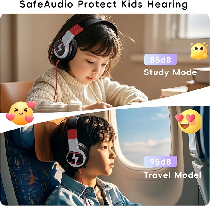Candy Bila Kids Headphones, Wired Headphones for Kids Over Ear with Microphone, 85/94dB Volume Headphone for Girls Boys, Foldable Headphone for Learning & Entertainment, Black and Red