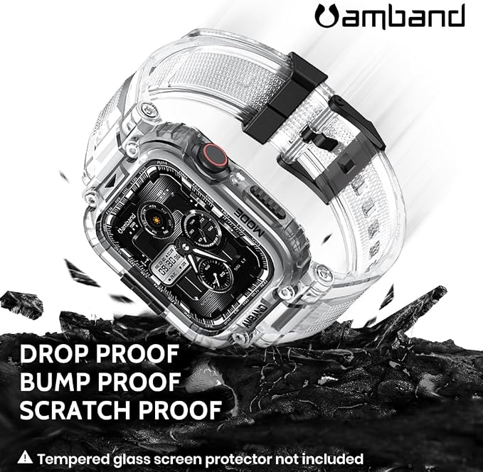 amBand Bands Compatible with Apple Watch 9/8/7 45mm, M1 Sport Series Rugged Case with TPU Strap Military Protective Tough Cover Bumper for iWatch SE3/SE2/SE/6/5/4 44mm Men Clear, Fathers Day Gift