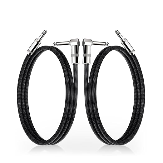Short Guitar Cables 3.3FT, Amp Chord Electric Guitar Aux Amp Cord Braided, TS 1/4 Quarter Inch Straight to Right Angle Bass Instrument Cable Pro Audio (Black, 2Pack)