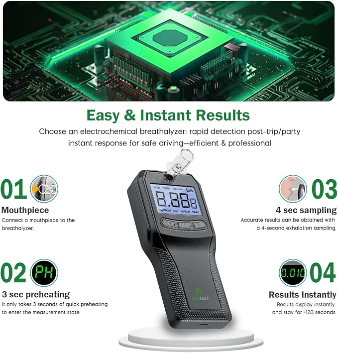 Breathalyzer, Alcohol Tester with Fuel Cell Sensor, Police-Grade Alcohol Breathalyzer Tester for Home Health Use, with 10 Mouthpieces (Black)