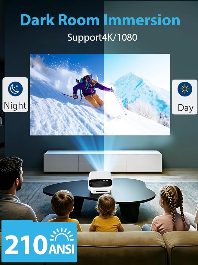 Wielio 2026 Smart Projector Android 14/TV with WiFi 6 and Bluetooth 5.0 Built in 1000+ Apps 210 ANSI Portable Bedroom Mini Movie Projector Auto Keystone & Zoom （Auto Focus/Preferred Dark Room)