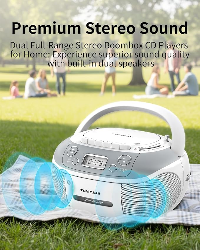 TOMASHI Portable CD Player Boombox with Cassette Player - AM FM Radio,Tape/CD Recording, USB/SD Inputs,Retro Stereo Sound,Dual AC/DC Power,Remote & Backlit LCD - for Home, Camping,Gifts (CD-860A)