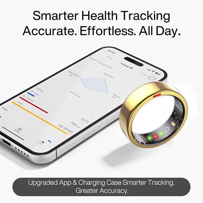 Smart Ring Pro, No App Subscription, Sleep & Activity Tracker with Heart Rate Monitoring, 7 Days Battery Life, IP68 Waterproof Fitness Ring, Compatible with iOS & Android(Matte Gold,12)