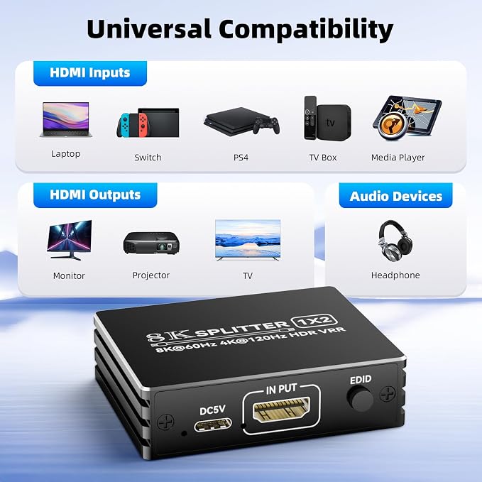 BolAAzuL HDMI 2.1 Splitter 1 in 2 Out 4K 120Hz with 8K HDMI Cable and Power Adapter, 8K 60Hz 1x2 HDMI Y Splitter with Audio Out for Dual Monitors Duplicate, Support HDCP 2.3 HDR for PS5/Xbox/PC/TV