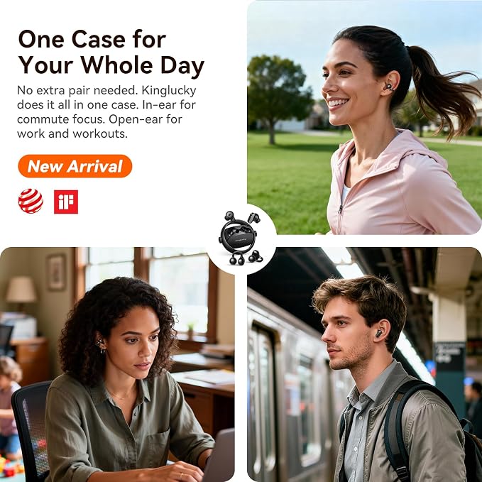 Kinglucky 2-in-1 Wireless Earbuds, in-Ear & Open Ear Clip-On Earbuds Comfortable fit, Bluetooth Headphones 5.4 with Noise Cancelling Mic, Power Swap Charging, Up to 50H, Black