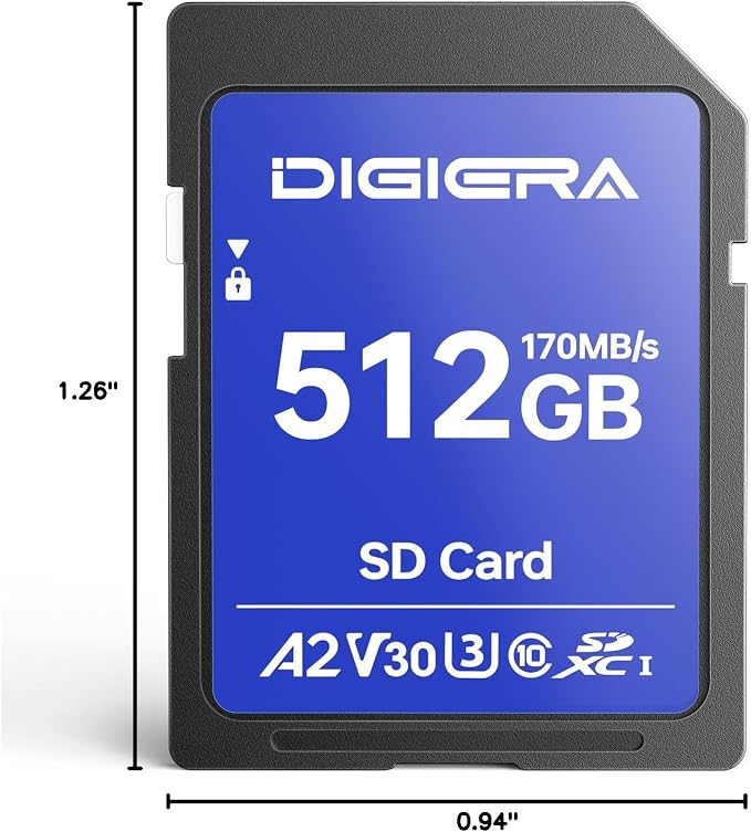 DIGIERA 512GB LS100 SDXC UHS-I Memory Card - up to 170MB/s, C10, U3, V30, 4K UHD, SD Card for Computers, Digital Cameras, Home Theatre Devices, Car Navigation Systems (1 Pack)