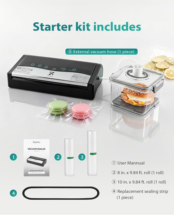 Vacuum Sealer for Food, 90kPa Auto Lock Food Sealer Machine, with Bag Rolls | Hands-free Auto Lock, 80+ Bags Continuous Sealing, 8mm Double Heat Seal for Moist Foods, Built in Cutter & Roll storage