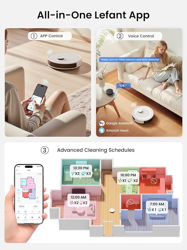 Lefant Robot Vacuum and Mop,75-Day Self-Emptying,6000Pa Powerful Suction,Customized Cleaning,Home Mapping, 140 Min Runtime, Roller Brush for Carpet,2.4G/5G WiFi/Alexa/APP/iWatch,M2 Plus