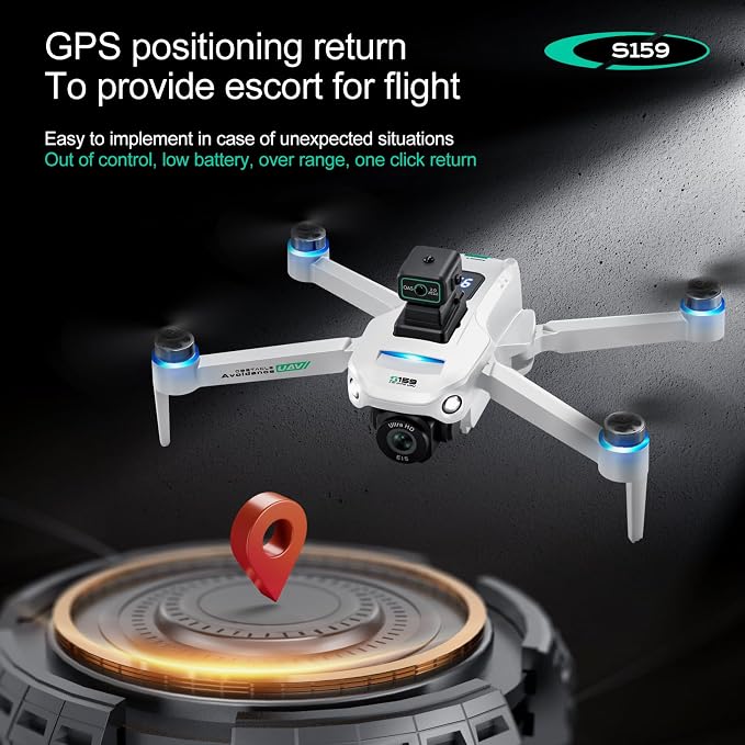ikaufen S159 Drone with Built-in 5.9in screen control, GPS positioning, brushless motor, optical flow positioning, ESC camera, obstacle avoidance function, body tips power consumption+2 Battery(S159 screen control+ 2 Battery White)