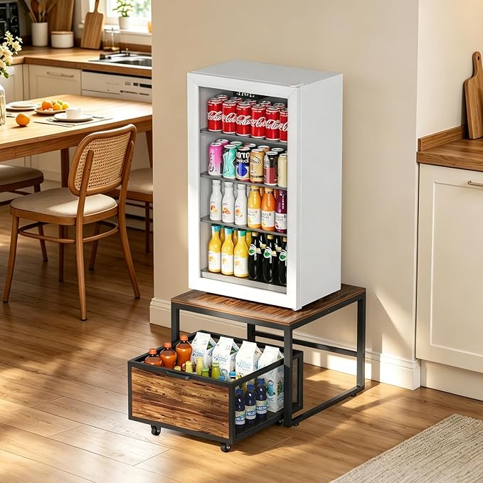 Mini Fridge Stand with Storage, End Table, Heavy Duty Refrigerator Stand with Mobile Drawer Basket for Dorm, Home, Kitchen, Office, Stand for Drinks Refrigerator, Wine Cooler, Water Dispenser