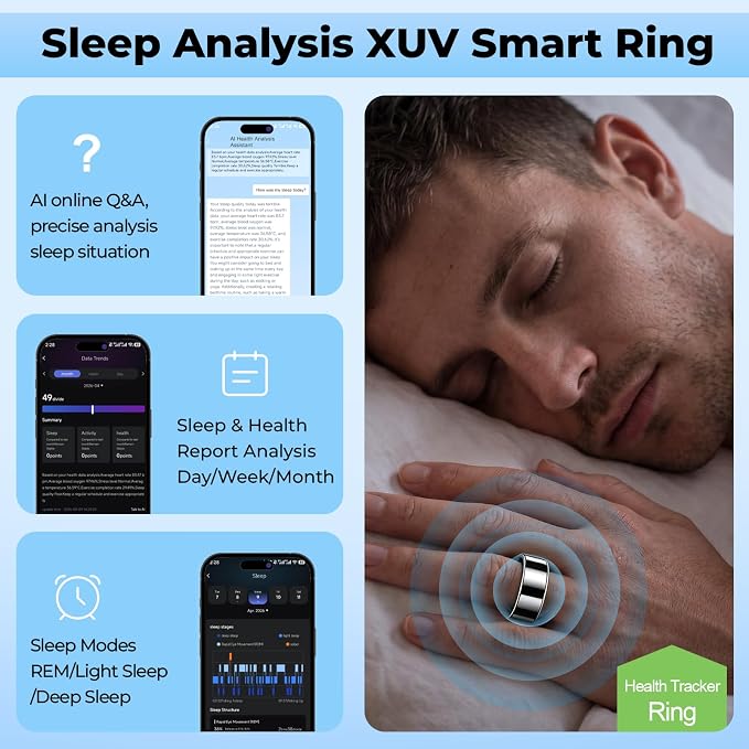 XUV Smart Rings for Men Women, Ultra-Thin Sleep Tracker Ring, Waterproof Smart Ring with Silent Vibration Alerts&Reminder, Heart Rate, SPO₂, HRV, Blood Oxygen, Run, No APP Fee for OS&Android(Black, 8)