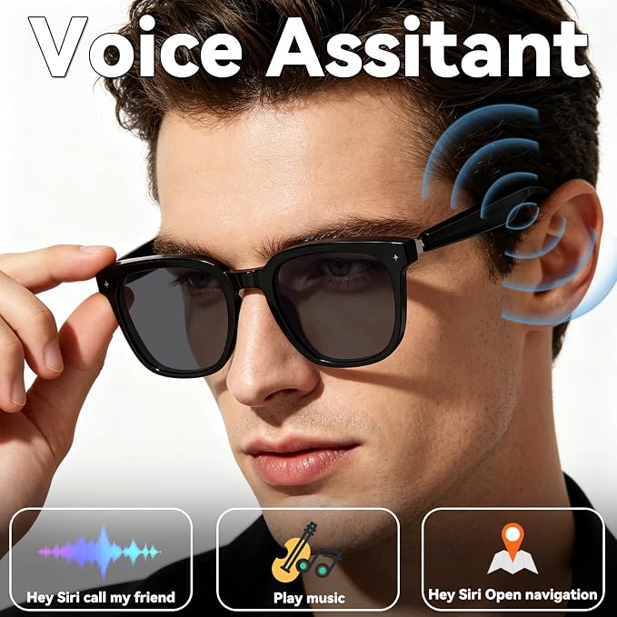 Smart Bluetooth Glasses for Men Women, Ai Smart Glasses with Open-Ear Audio, Voice Control, Real-time Translation, Hands-Free Calls, Bluetooth Sunglasses for Daily Use, Travel
