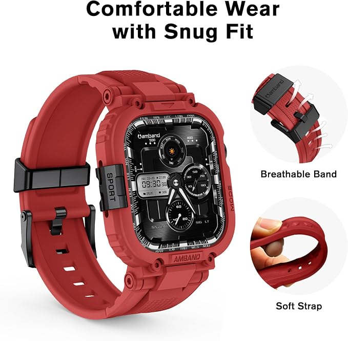 amBand Compatible with Apple Watch Series 11/10 42mm Bands Case for Men Women, M1 Sport Rugged Heavy Duty Protective Cover Tactical Strap Military Protector Bumper for iWatch Accessories - Mars Red