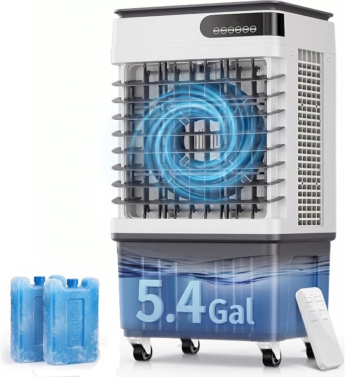 Swamp Cooler Air Conditioner, Portable Evaporative Cooler 5.4 Gal | 1800 CFM, 120° Oscillation, 3 Speeds&Modes,12H Timer, Remote&Touch, for Garage, Large Room, Dry Climate