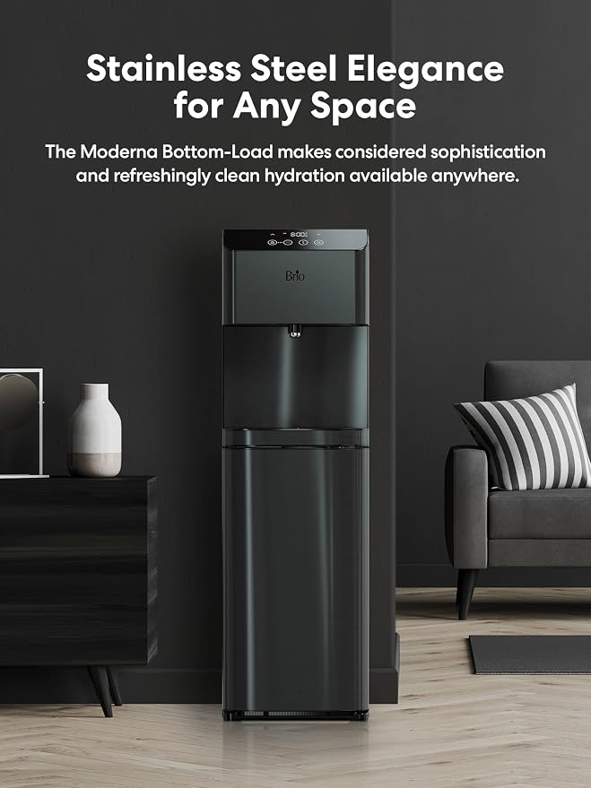 Brio Moderna Bottom Load Water Cooler Dispenser - Tri-Temp, Adjustable Temperature, Self-Cleaning, Touch Dispense, Child Safety Lock, Holds 3 or 5 Gallon Bottles, Digital Display and LED Light