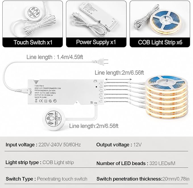 COB LED Strip Lights, 6 in 1 Dimmable Touch Control Under Cabinet Lights, 12V Under Cabinet Lighting Kit, Cuttable Self-Adhesive LED Strips for Display Cabinets, Wardrobes, Kitchen, Shelf Lighting