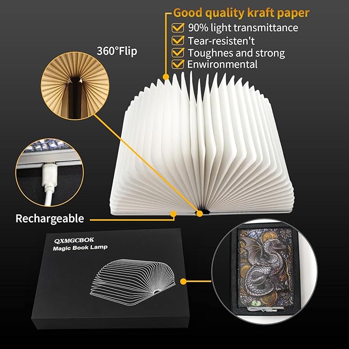 QXMGCBOK Folding Book Lamp Dragon Night Light, Portable Bedside Light (3 Colors) - Gift for Book Lovers
