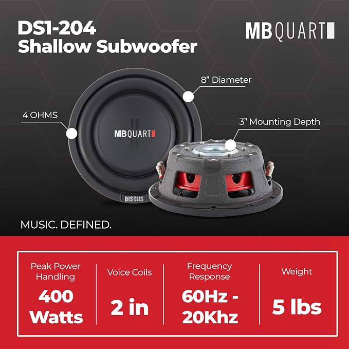 MB Quart 8 Inch 400 Watt MAX 200 Watt RMS 4 Ohm Dual Voice Coil, Shallow Slim Subwoofer for Car Audio Sound System, Single Speaker - DS1-204