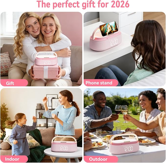 FREEFISH 6 in 1 Bluetooth Speaker with Wireless Charge, FM Radio, Night Light, Snooze, Phone Stand, Bedroom Portable Speaker 2500mAh Battery Dual Speakers for Bedside, Home, Office, Gift (Pink)