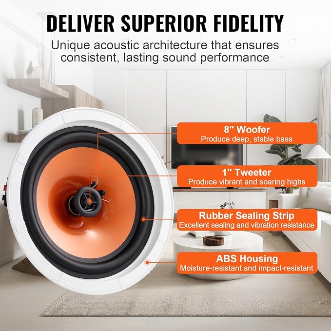 VEVOR 4 PCs 8 Inch in Ceiling Speakers, 400W Flush Mount Ceiling & in-Wall Speakers System with 8" Woofer,1" Tweeter, for Home Kitchen Living Room Bedroom or Covered Outdoor Porches