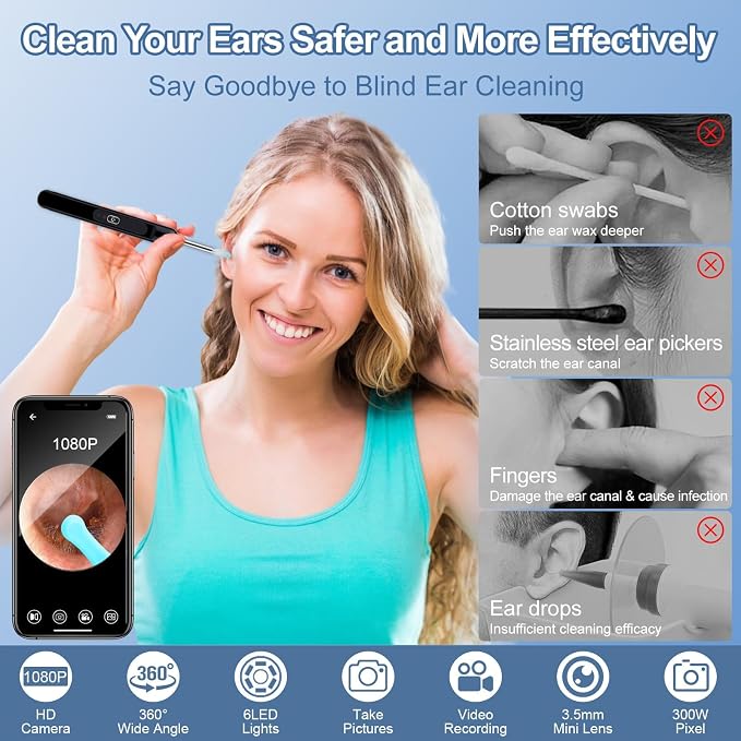 Ear Wax Removal, Ear Wax Removal Kit Tools with 6 LED Lights/IP67 Waterproof Lens/8 Traditional, Ear Cleaner with Camera 1080P HD USB Rechargeable Ear Picker Cleaning kit Black