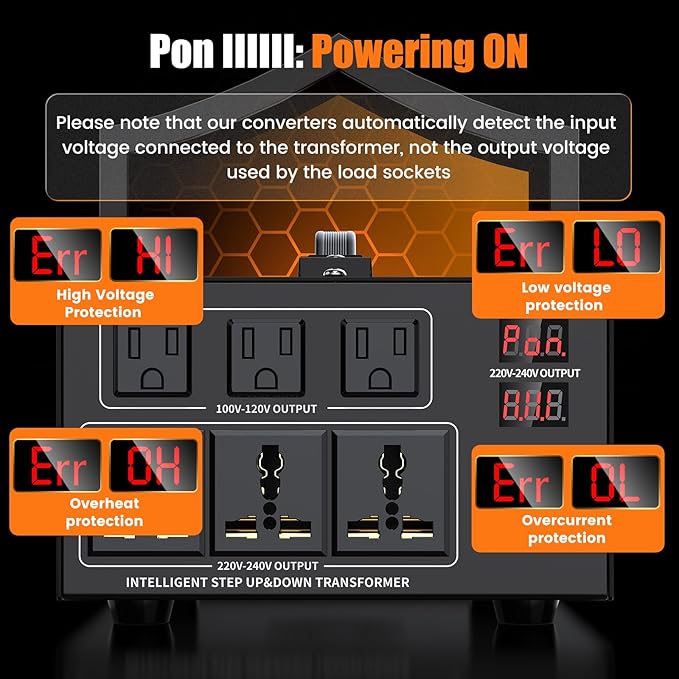 1500W Voltage Converter Transformer Step Up 110V/120V to220V/240V or Step Down 220V to 110V AC Power Converte, Circuit Breaker Protection, 2 US sockets, 2 Universal sockets, LCD Display