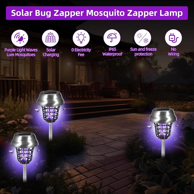 Solar Bug Zapper Outdoor Waterproof Solar Powered Mosquito Repellent Outdoor Patio,Cordless & Auto On/Off Trap Purple & White Light for Gnat Fly Insect Zapper for Garden Backyard for Outside,4 Pack