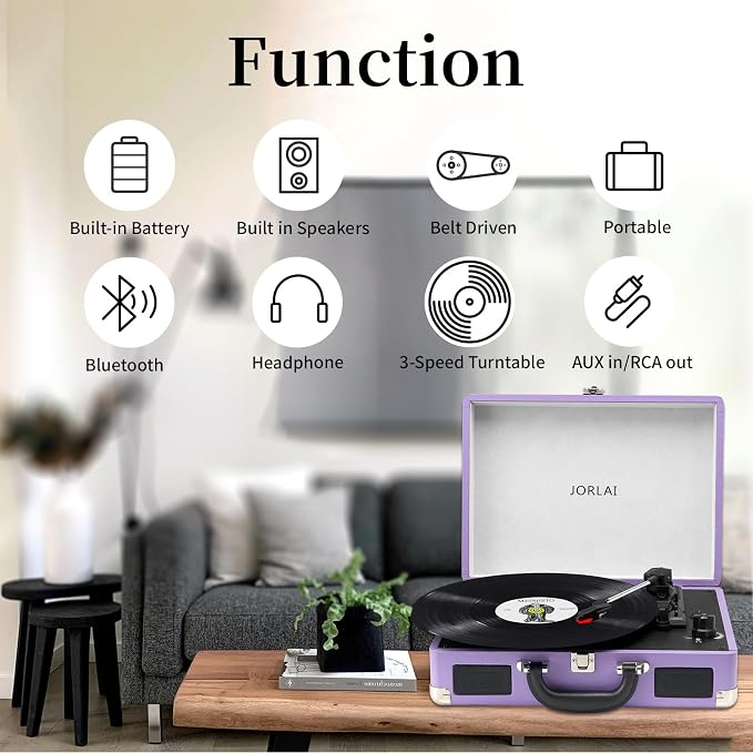 Record Player 3 Speed Vinyl with Bluetooth Vintage Turntable Built in Battery Portable Suitcase Support Aux in RCA Line Out Headphone Jack Purple
