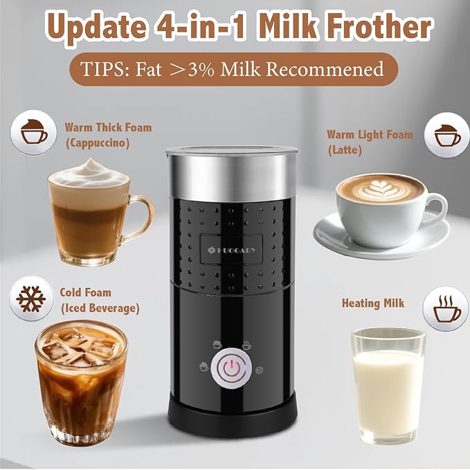 Huogary Electric Milk Frother and Steamer - 4 In 1 Automatic Milk Steamer, 300ml/10.1oz Hot& Cold Foam Maker and Milk Warmer For Latte, Cappuccinos, Macchiato, Black