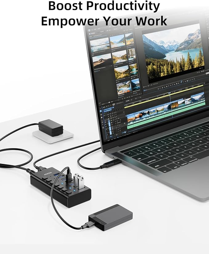 AGEEN 7-Port USB 3.2 Gen 2 Hub, 10Gbps High-Speed Aluminum Powered Hub with 24W Adapter, Individual Switches & Surge Protection for PC/Laptop, Flash Drive, Printer, Camera