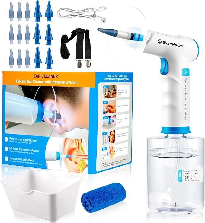 Ear Wax Removal, Earwax Removal Kit for Safe Solo Use at Home, Ear Cleaning Tools with 4 Pressures Modes & LED Light, Includes Basin, Towel & 16 Tips