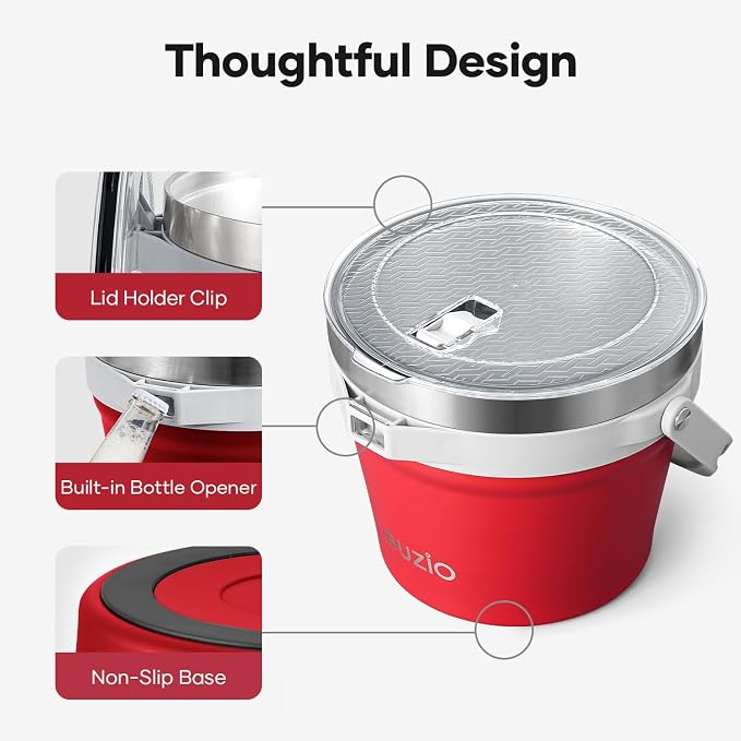 BUZIO 7 L Insulated Ice Bucket with Lid and Scoop & Tongs, Double Wall Large Ice Buckets for Parties Cocktail Bar Champagne, Holds 6 Longnecks or 3 Wine Bottles, Red