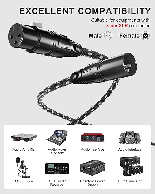 Long XLR Cables 25ft 2 Pack, Nylon Braided XLR Extension Microphone Cable, OFC Shielded Balanced Male to Female Mic Cord for Preamp Recording Mixer Amplifie Speaker Black