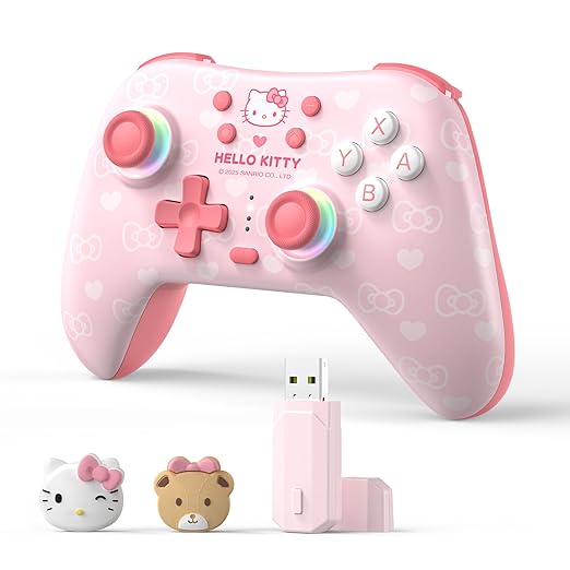 Kuitmor Hello Kitty Switch Pro Controller, Cute Hall Effect Wireless Gamepad No Drift for Switch 2/Switch/OLED/Lite, PC/Steam, Android, iOS, Bluetooth + Wired, Turbo, Back Buttons, 6-Aixs Gyro, Wake-up, RGB (Pink, With 2.4g Receiver)