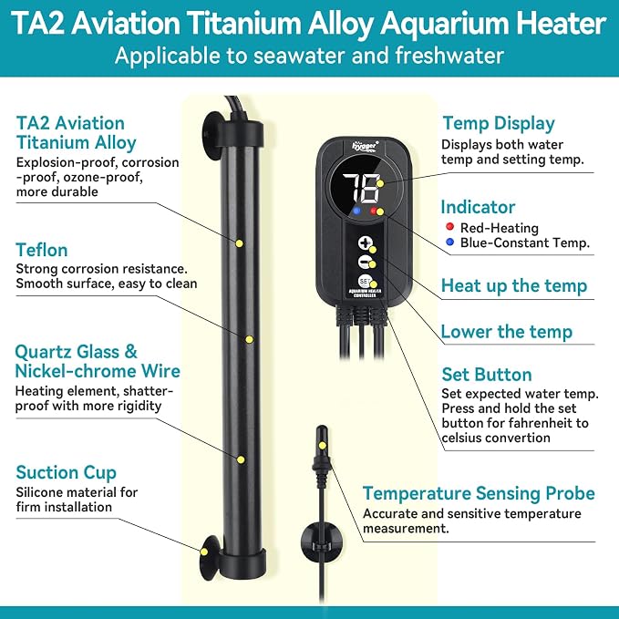 hygger Aquarium Heater 300W,Titanium Heater with Digital LED Controller and Temperature Probe,Submersible Fish Tank Heater with Temperature Calibration,for Saltwater & Freshwater Fish Tank 50-60Gallon