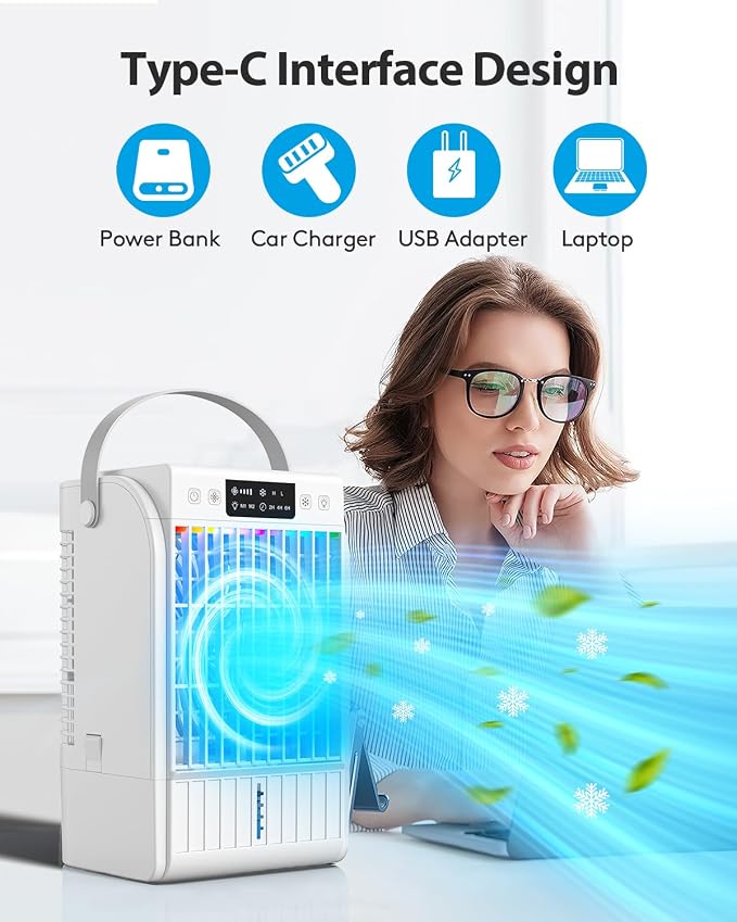 Portable Air Conditioners Fan,Evaporative Mini Room Air Conditioners,Portable AC Unit Air Cooler with 4 in 1 Humidifier Fan Conditioner with 1500ML,3 Speed AC Portable for Room Office Desk (White)