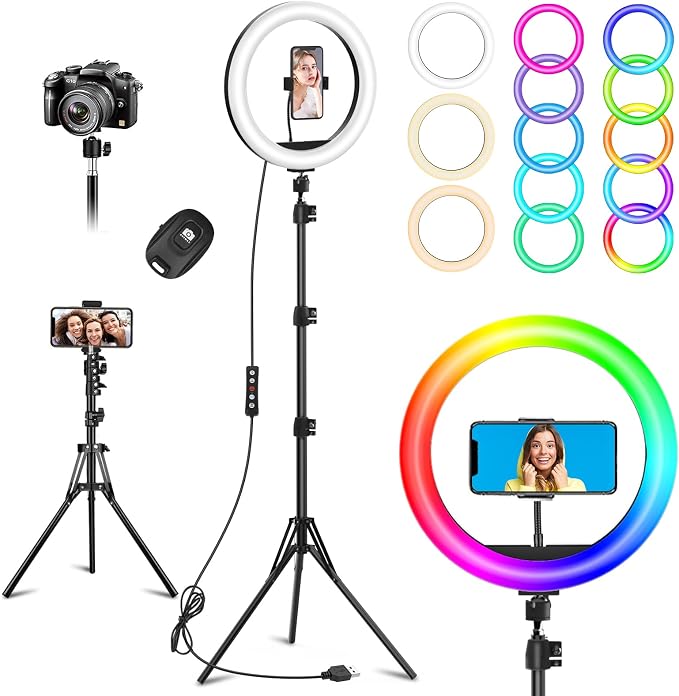 10.3" Selfie Ring Light with Stand and Phone Holder, 73" Tripod, 96 RGB Lighting Modes, Remote for iPhone &Android Camera. LED Halo Light for Photo, Video Recording, TikTok. Circle Ringlight Dimmable