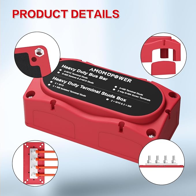 300A Bus Bar 12v Power Distribution Block 4 x 5/16"(M8) Terminal Block Heavy Duty Waterproof Buss Bar Junction Block Marine Battery Bus bar for Automotive Boat Solar System