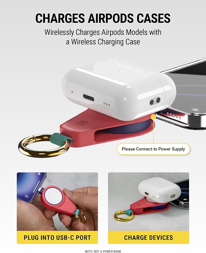 Scosche WatchIt Keychain Magnetic Charger for Apple Watch, Fast Charging USB-C Plug-In (No Battery), Portable Travel Charger for Series 11/10/9/8/7/6/5/4, Ultra 3/2, SE3/SE2/SE & AirPods, Sunset Coral