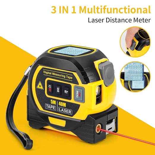 5m/16ft Digital Laser Tape Measure, WTWD 100m/328ft Laser Distance Measure with Cross-Line Laser Level, Area/Volume Calculator, Battery Powered, Voice Output, Backlit LCD, ft/in/m for Construction
