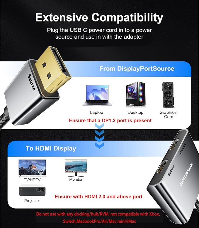 DisplayPort to Dual HDMI Adapter [4K@60Hz] DP to HDMI Splitter 1 in 2 Out Extended Display, DP Male Source Converter for Dual Monitors Compatible with PC,Graphic Card and More