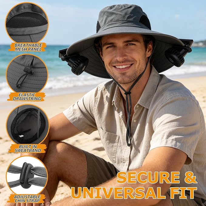 Wide Brim Sun Bucket Hat with 2 Solar Powered Fan for Men & Women | Waterproof & UPF 50+ Sun Protection Hat with Dual-Power Clip-On Cooling Fans for Outdoor Hiking Fishing Gardening