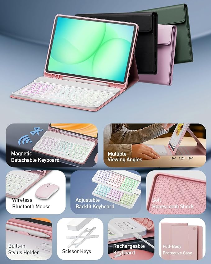 Keyboard Case for Samsung Galaxy Tab A11 Plus 11 Inch 2025 / A9+ Plus 2023 Tablet, Detachable Rainbow Backlit Wireless Keyboard and Mouse, Slim Stand Cover with S Pen Holder (Pink)
