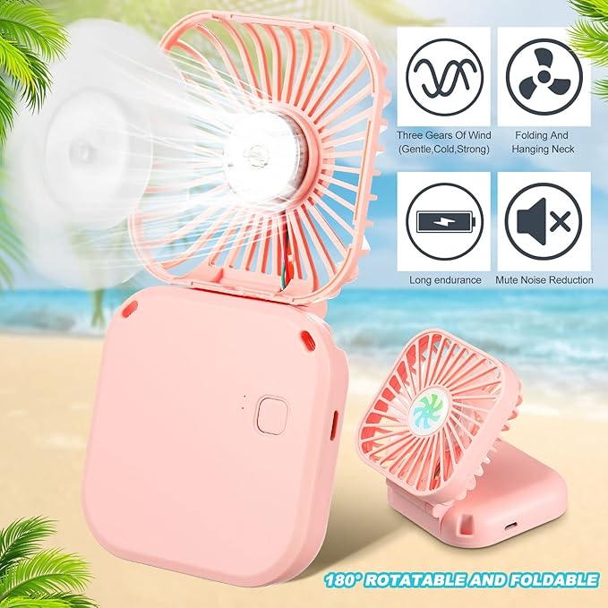 Hortsun 12 Pcs Mini Handheld Fan Bulk Portable Personal Neck Fan Small Foldable Hands Free with USB Rechargeable Gifts for Travel Summer Concerts Vacation Outdoor 3 Speed(Pink)